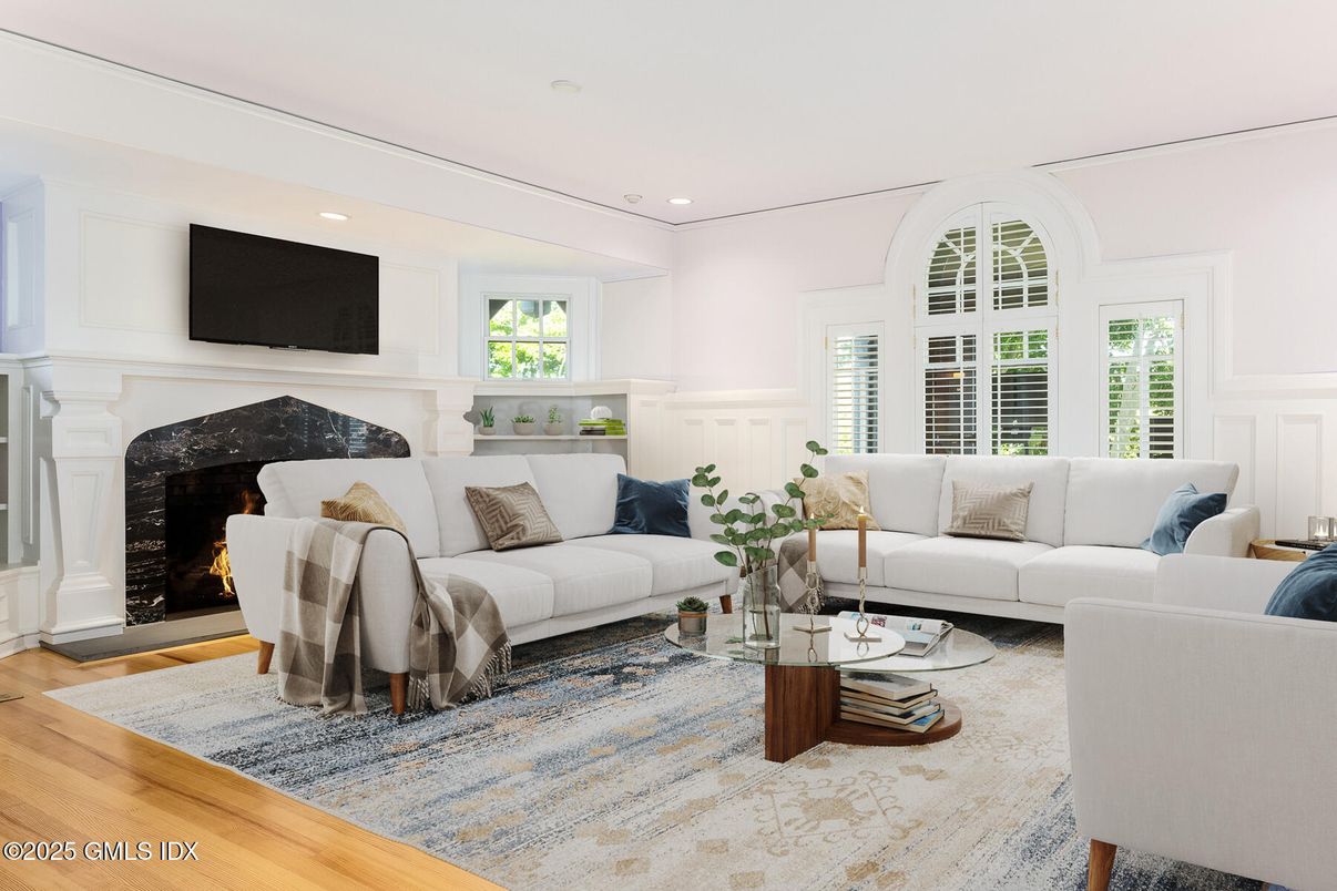 Fireplace, Interior, Living room, Recessed Lighting, Wood Texture Flooring