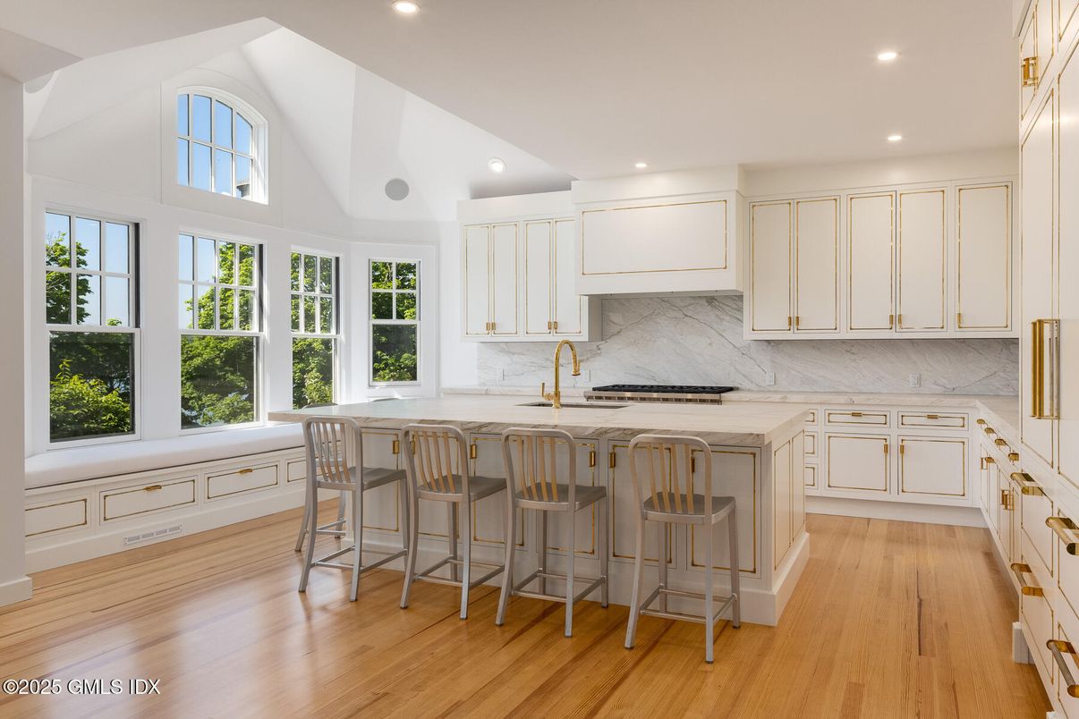 Interior, Kitchen, Marble Walls, Recessed Lighting, Wood Texture Flooring