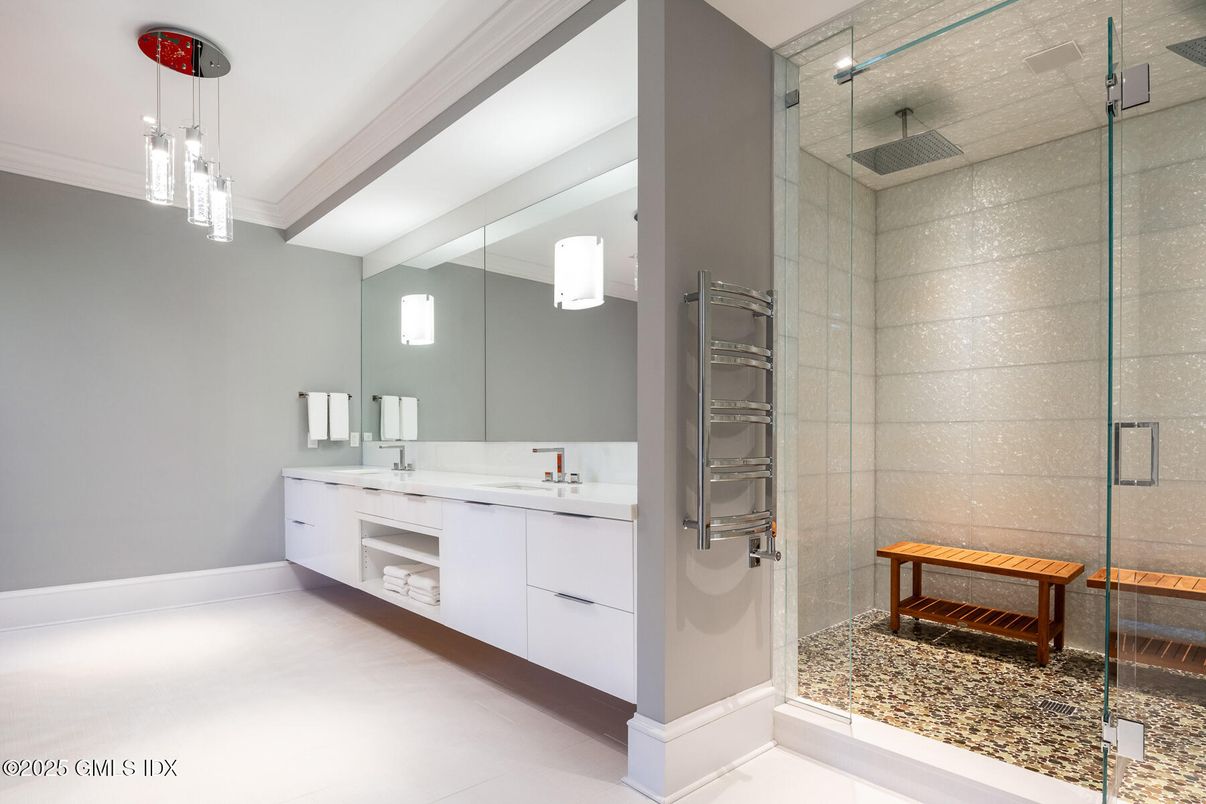 Bathroom, Dual Sink Vanities, Glass Shower, Interior, Pendant Lights