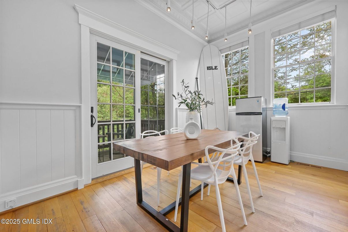 Dining room, Interior, Pendant Lights, Wood Texture Flooring