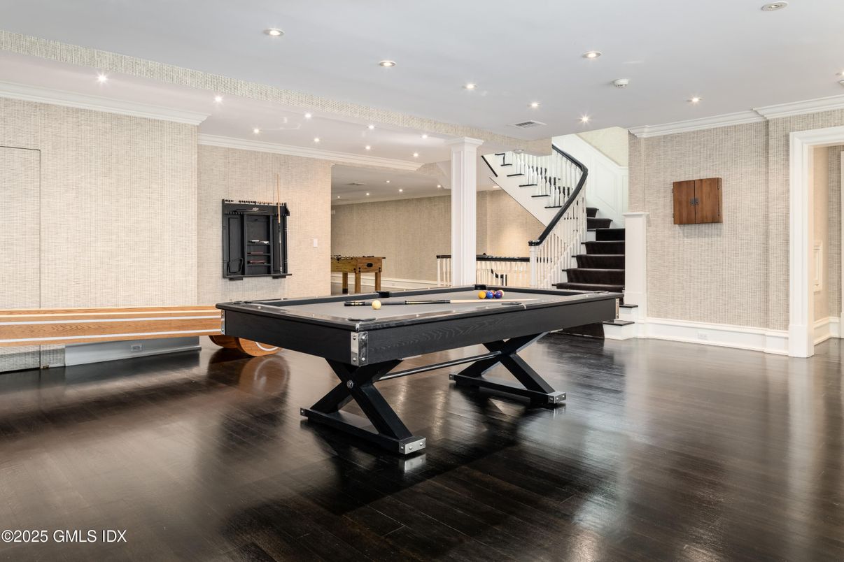 Billiard Table, Game Room, Interior, Recessed Lighting, Wood Texture Flooring