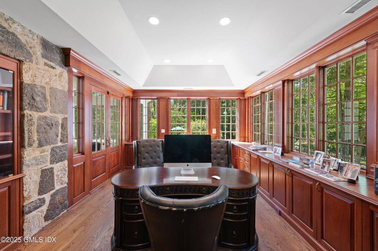 Home Office, Interior, Recessed Lighting, Stone Walls, Wood Texture Flooring