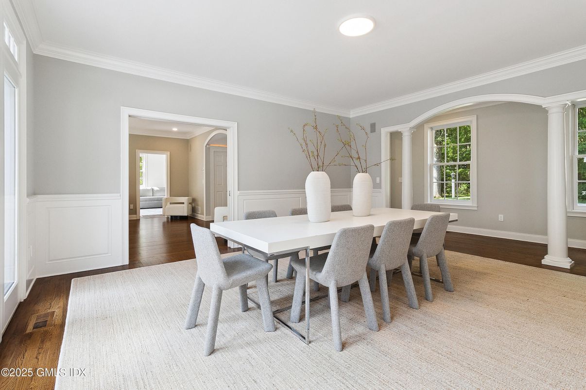Dining room, Interior, Recessed Lighting, Wood Texture Flooring