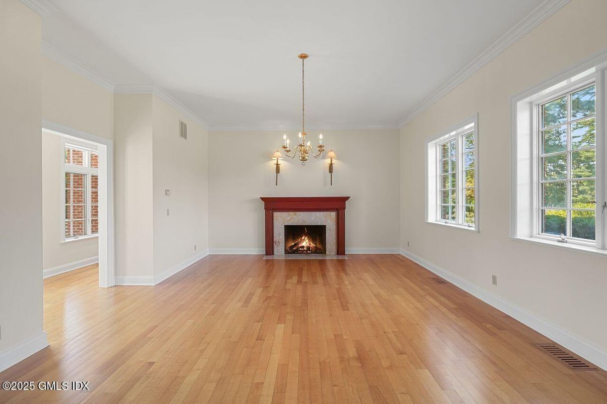 Chandelier, Empty room, Fireplace, Interior, Wood Texture Flooring