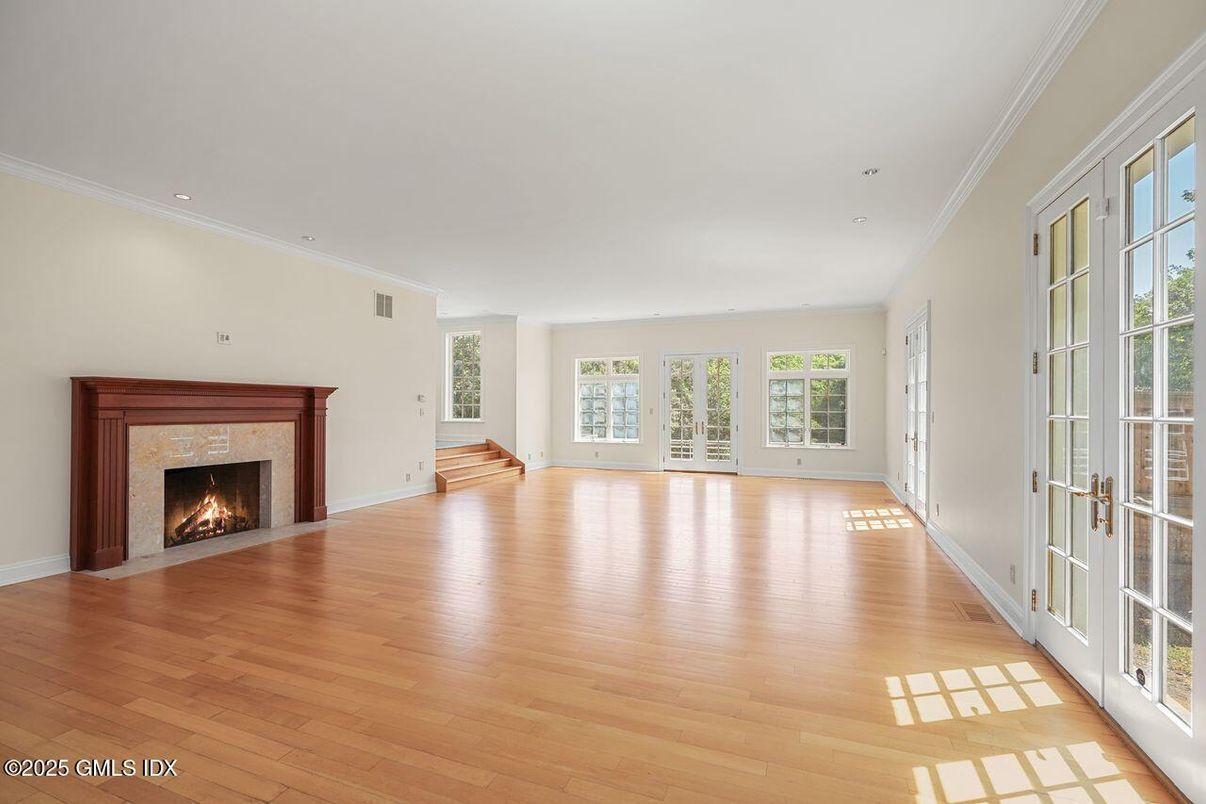 Empty room, Fireplace, Interior, Recessed Lighting, Wood Texture Flooring