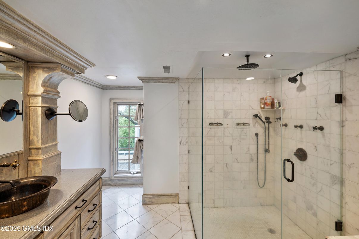 Bathroom, Glass Shower, Interior, Marble Walls, Recessed Lighting
