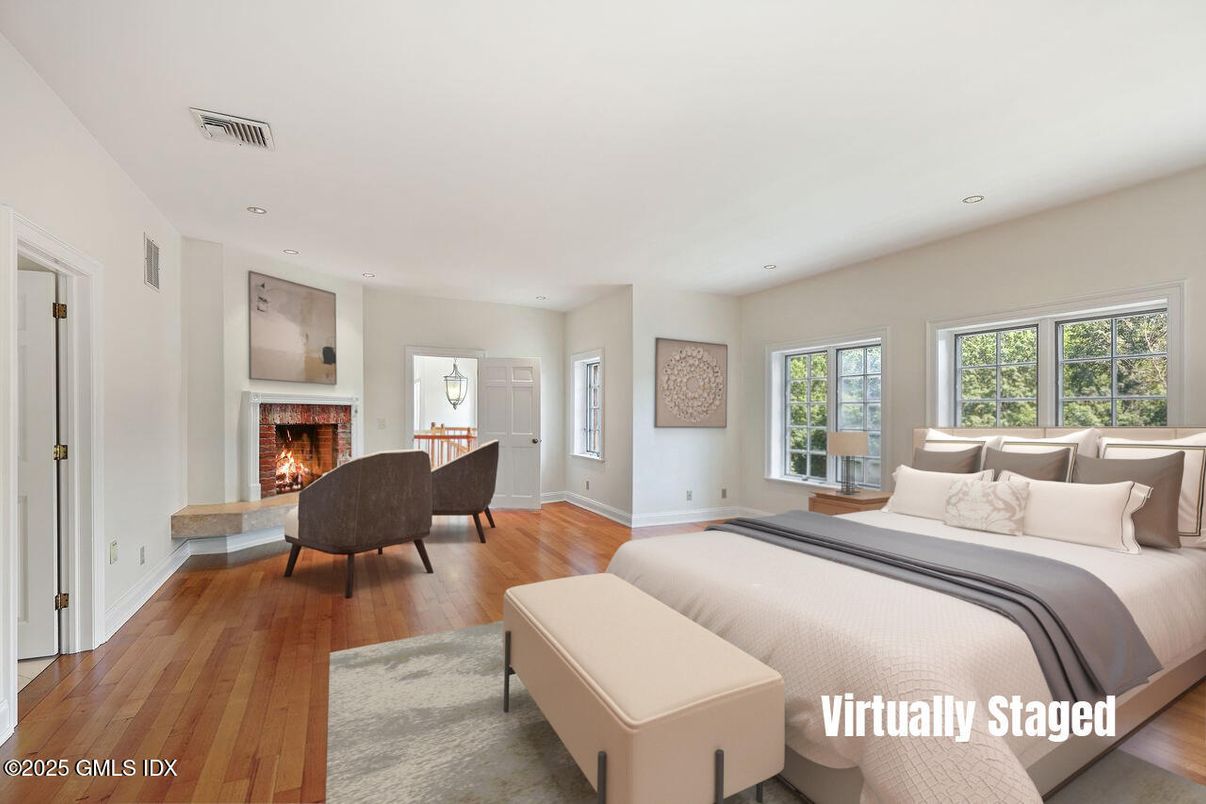 Bedroom, Fireplace, Interior, Recessed Lighting, Wood Texture Flooring