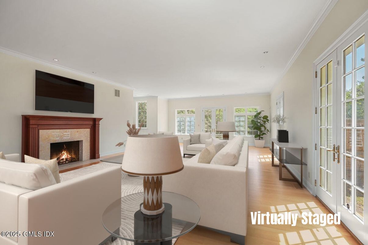 Fireplace, Interior, Living room, Recessed Lighting, Wood Texture Flooring