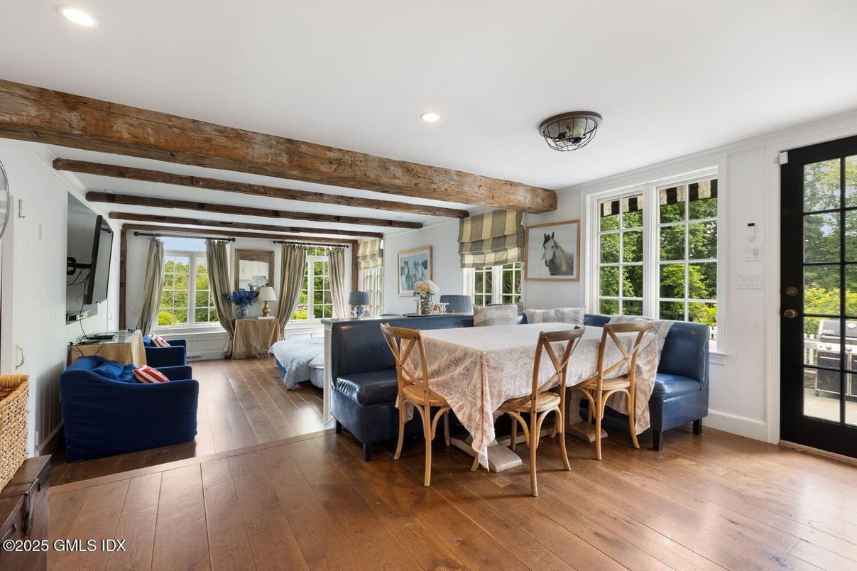 Dining room, Interior, Living room, Recessed Lighting, Wooden Beams, Wood Texture Flooring