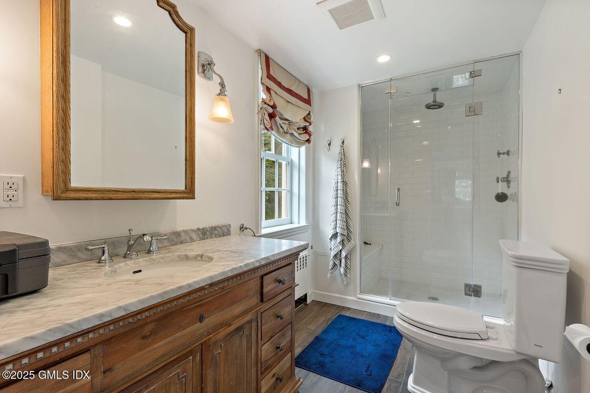 Bathroom, Glass Shower, Interior, Recessed Lighting, Wood Texture Flooring