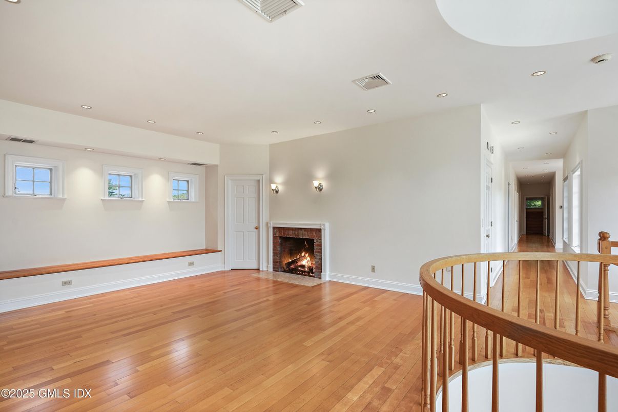 Empty room, Fireplace, Interior, Recessed Lighting, Wood Texture Flooring