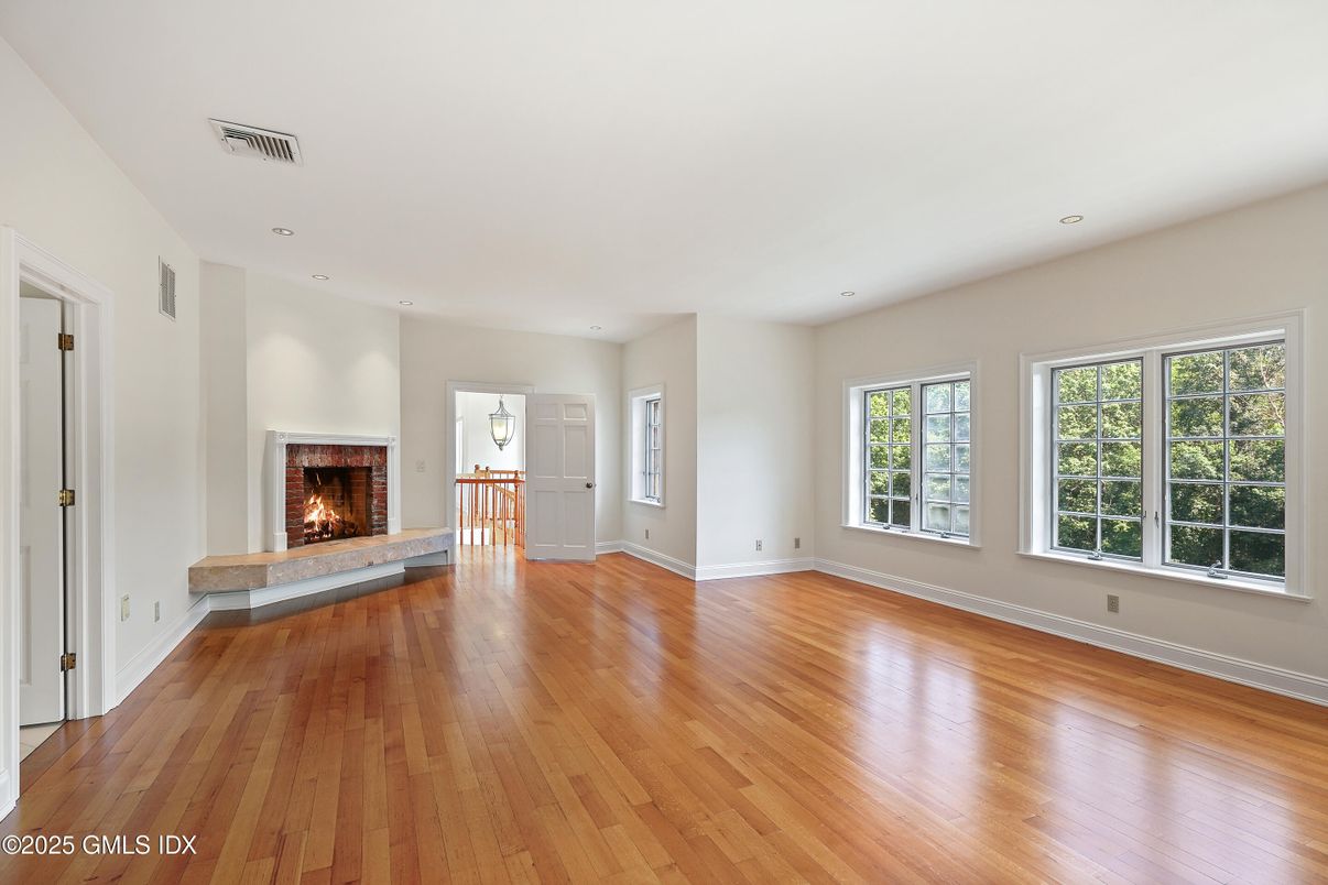 Empty room, Fireplace, Interior, Recessed Lighting, Wood Texture Flooring