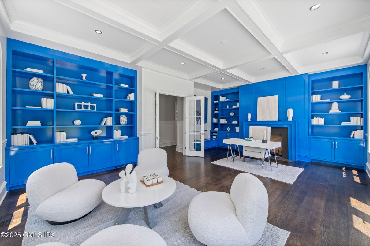Fireplace, Home Office, Interior, Recessed Lighting, Wood Texture Flooring