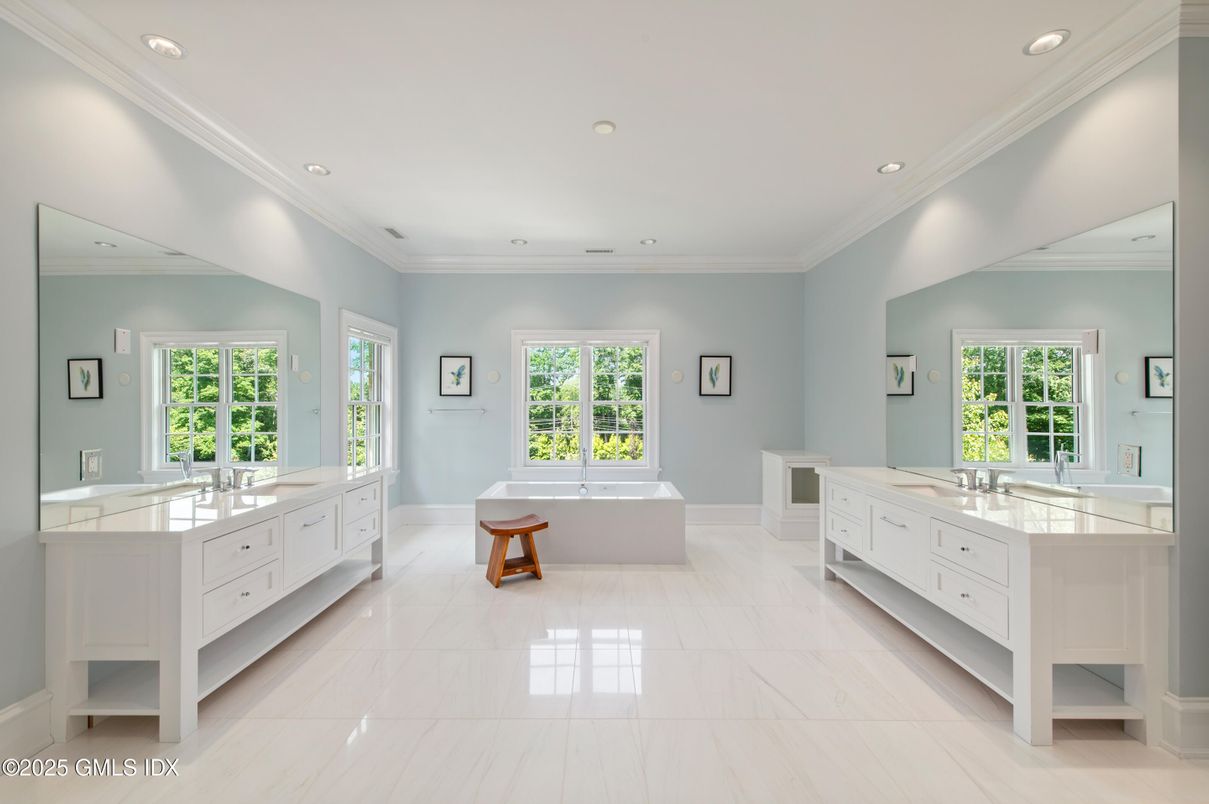 Bathroom, Dual Sink Vanities, Free Standing Baths, Interior, Marble, Recessed Lighting