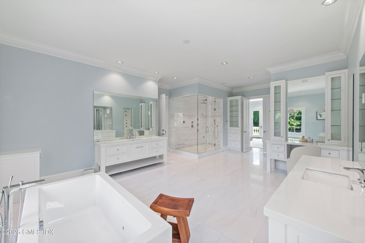 Bathroom, Dual Sink Vanities, Glass Shower, Interior, Marble, Recessed Lighting