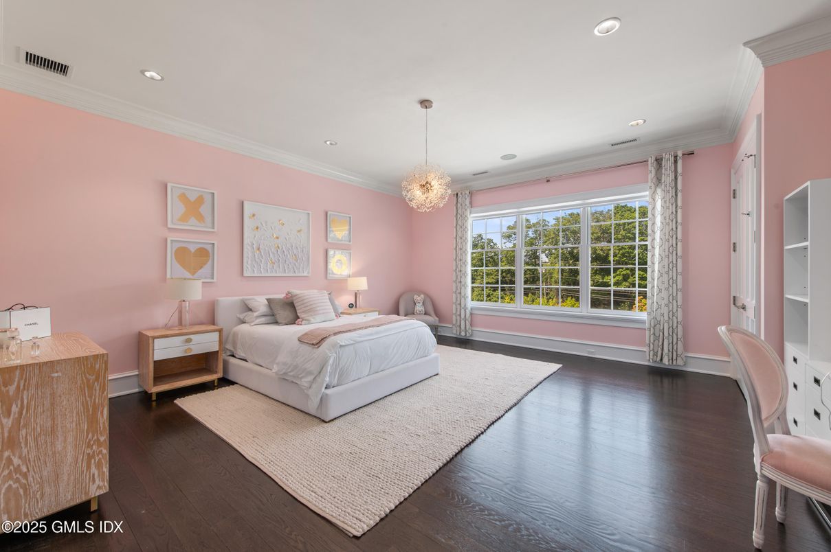 Bedroom, Chandelier, Interior, Recessed Lighting, Wood Texture Flooring