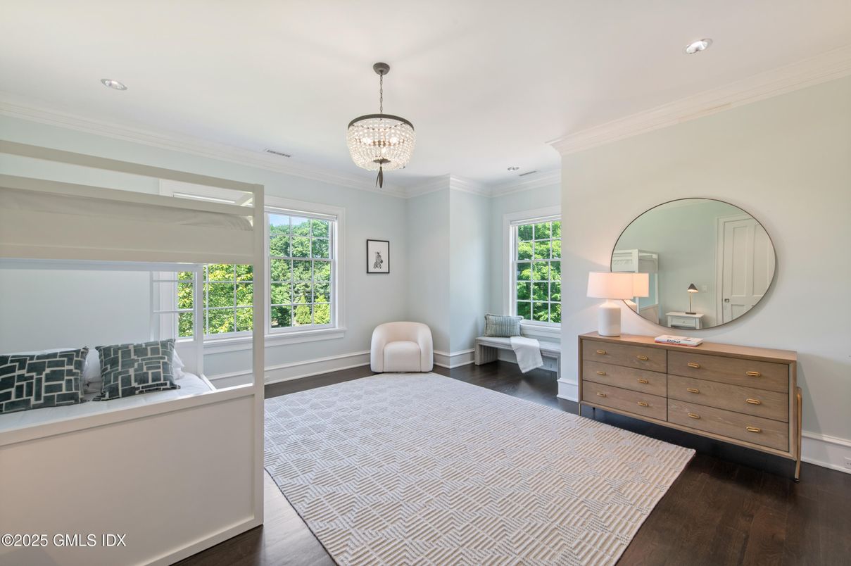 Bedroom, Chandelier, Interior, Recessed Lighting, Wood Texture Flooring