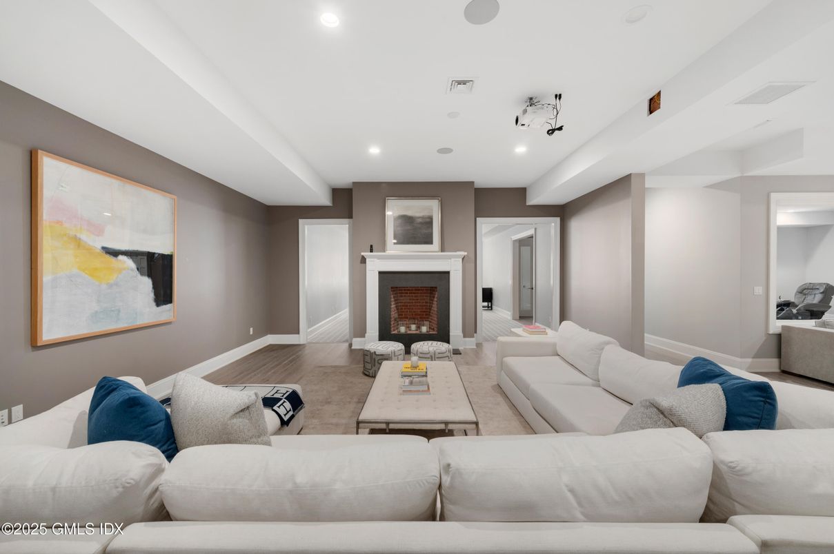Fireplace, Interior, Living room, Recessed Lighting, Wood Texture Flooring