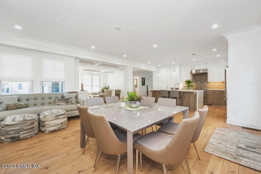 Dining room, Interior, Kitchen, Living room, Recessed Lighting, Stainless Steel Appliances, Wood Texture Flooring