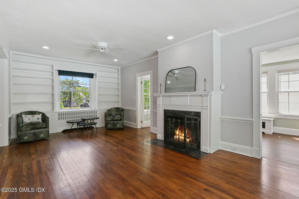 Fireplace, Interior, Recessed Lighting, Wood Texture Flooring