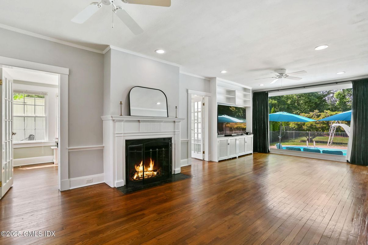Empty room, Fireplace, Interior, Recessed Lighting, Wood Texture Flooring