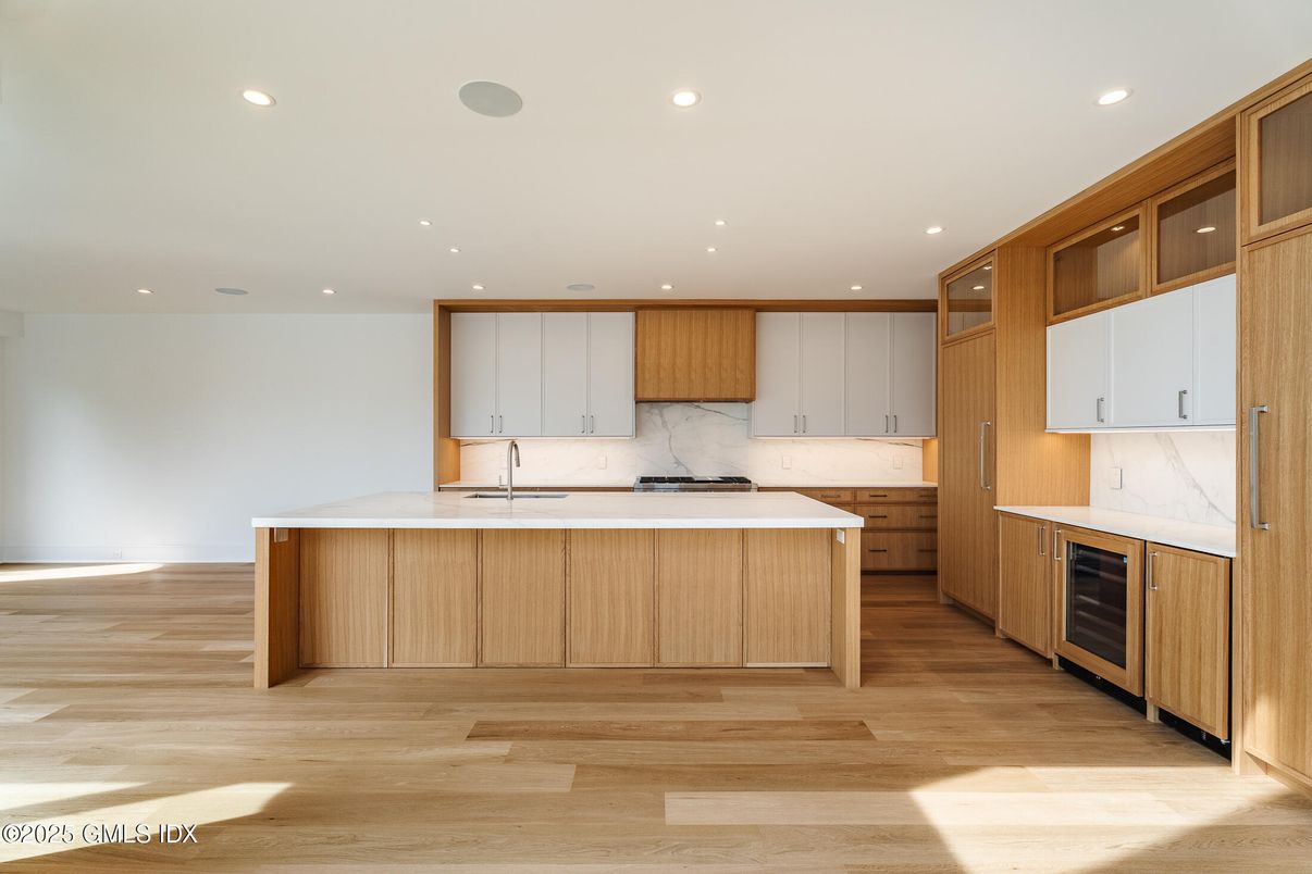 Interior, Kitchen, Marble Walls, Recessed Lighting, Wood Texture Flooring