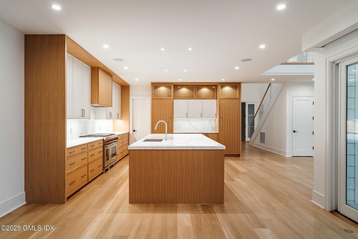 Interior, Kitchen, Recessed Lighting, Stainless Steel Appliances, Wood Texture Flooring