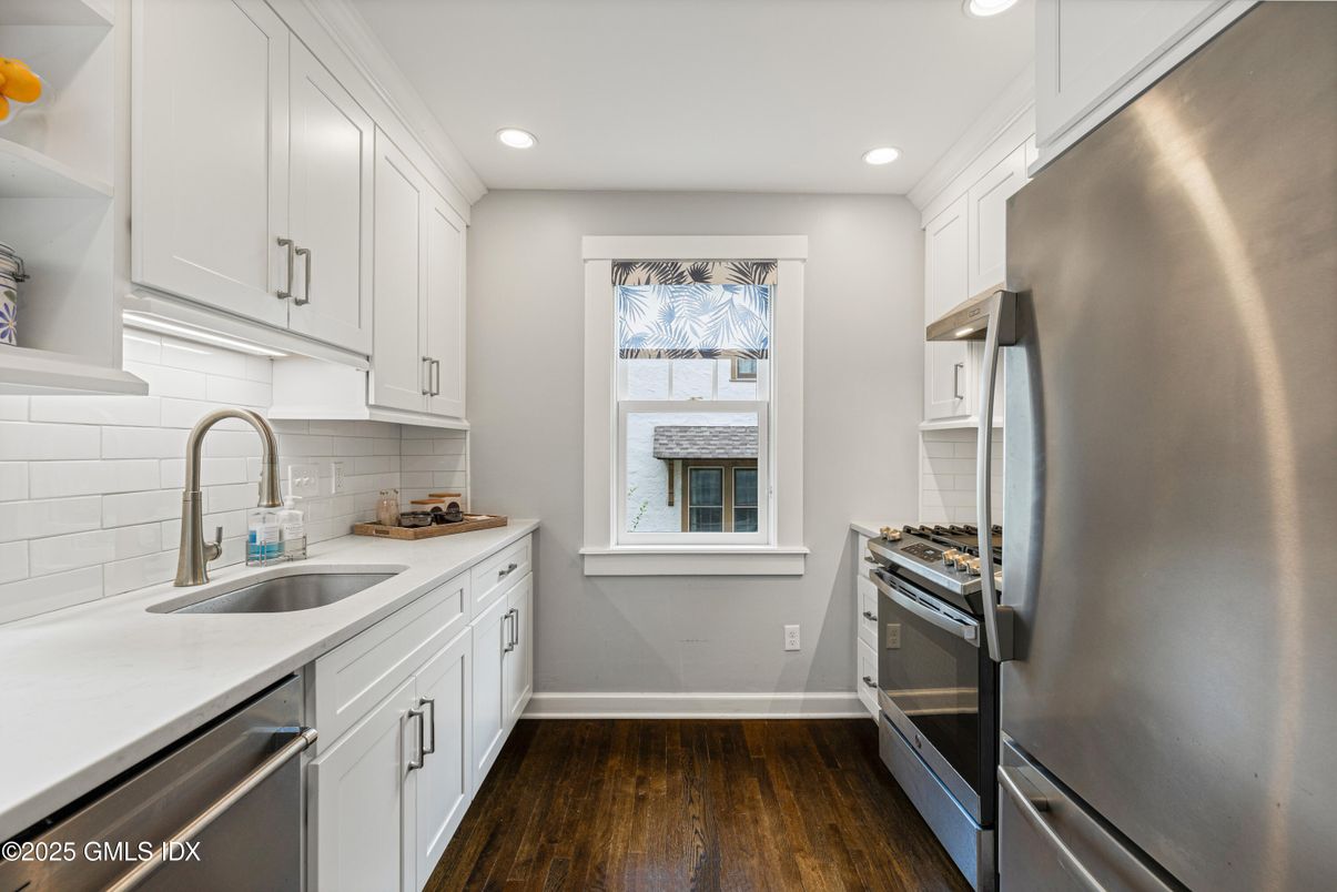 Interior, Kitchen, Recessed Lighting, Stainless Steel Appliances, Wood Texture Flooring