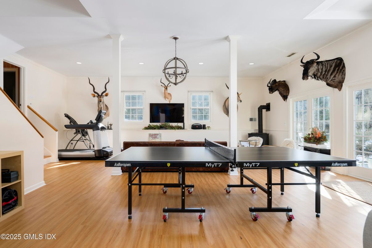 Fitness Equipment, Game Room, Interior, Pendant Lights, Recessed Lighting, Wood Texture Flooring
