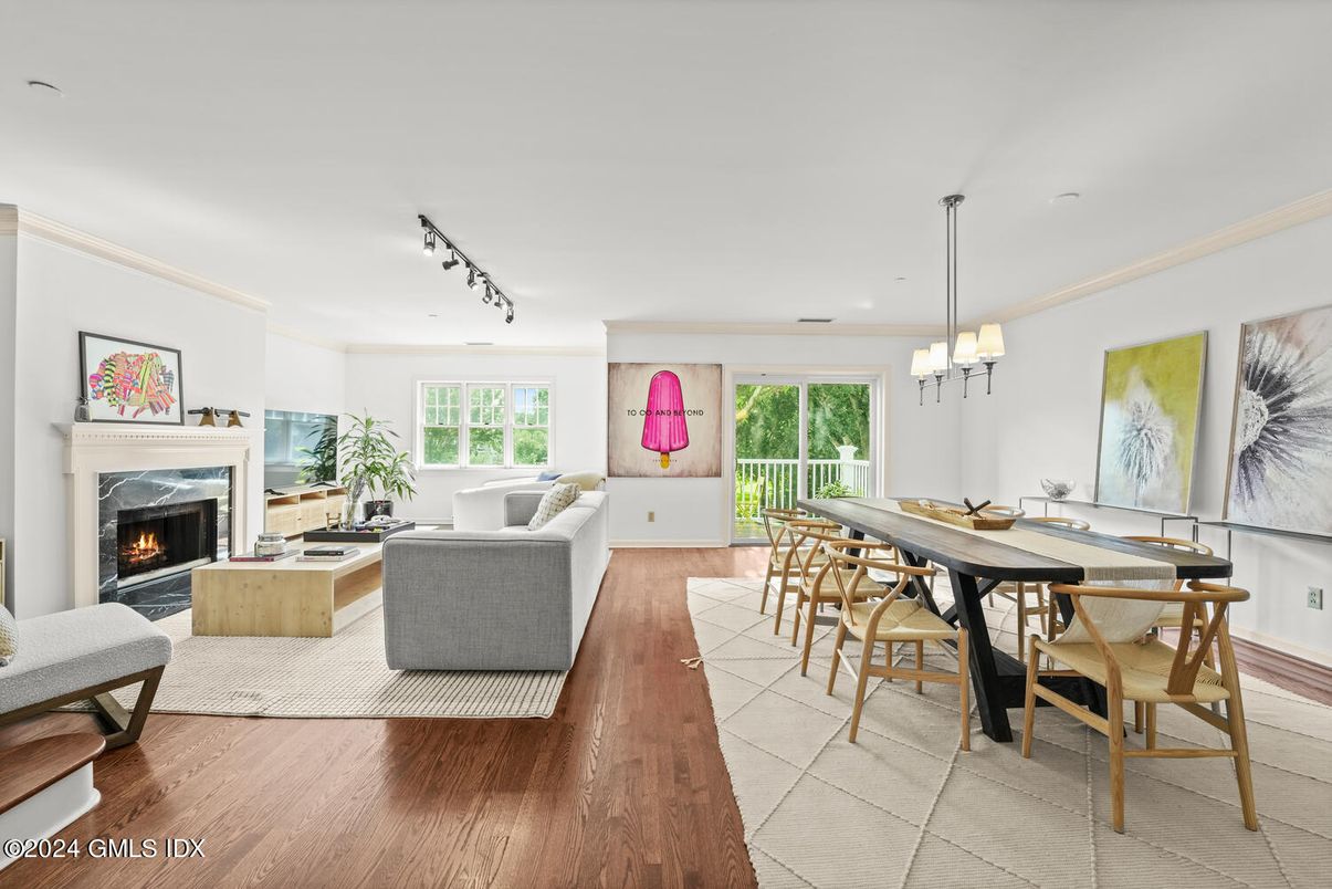 Dining room, Fireplace, Interior, Living room, Pendant Lights, Wood Texture Flooring