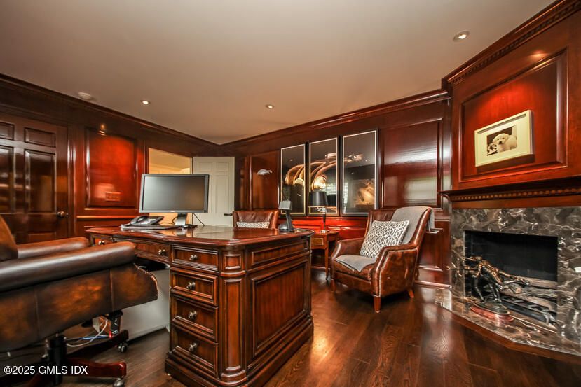 Fireplace, Home Office, Interior, Recessed Lighting, Wood Texture Flooring, Wooden Walls