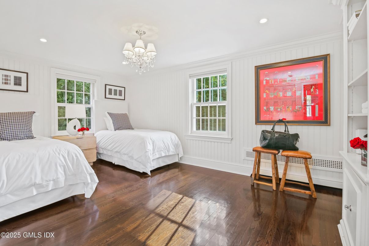 Bedroom, Chandelier, Interior, Recessed Lighting, Wood Texture Flooring