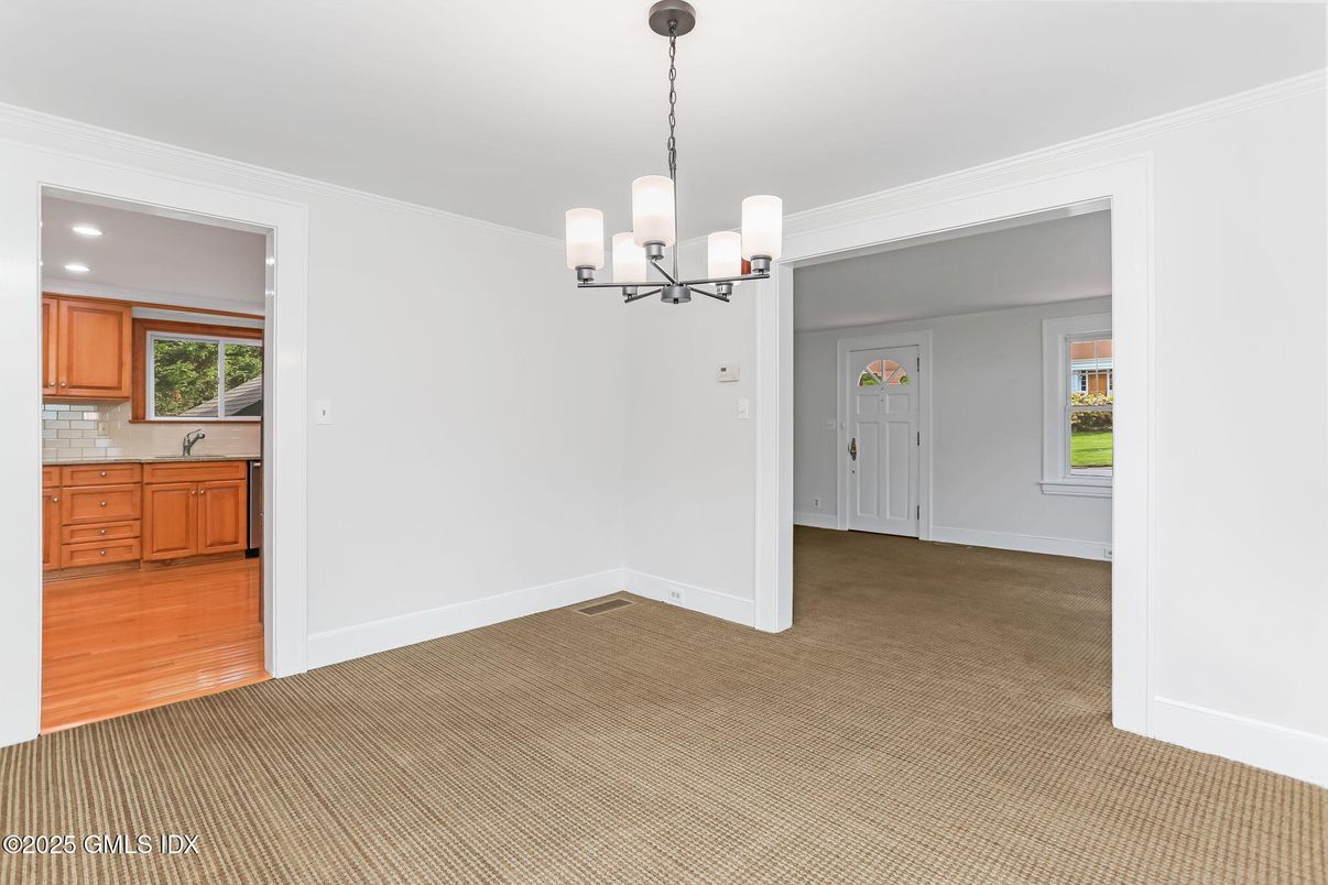 Chandelier, Empty room, Interior, Kitchen, Recessed Lighting, Wood Texture Flooring