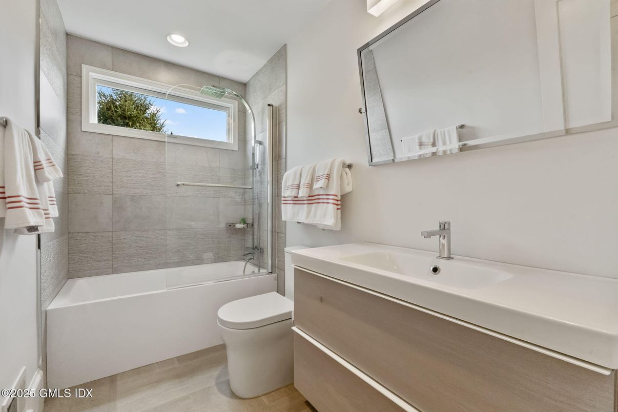 Bathroom, Glass Shower, Interior, Recessed Lighting, Wood Texture Flooring