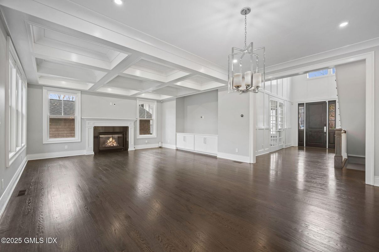 Empty room, Fireplace, Interior, Pendant Lights, Recessed Lighting, Wood Texture Flooring