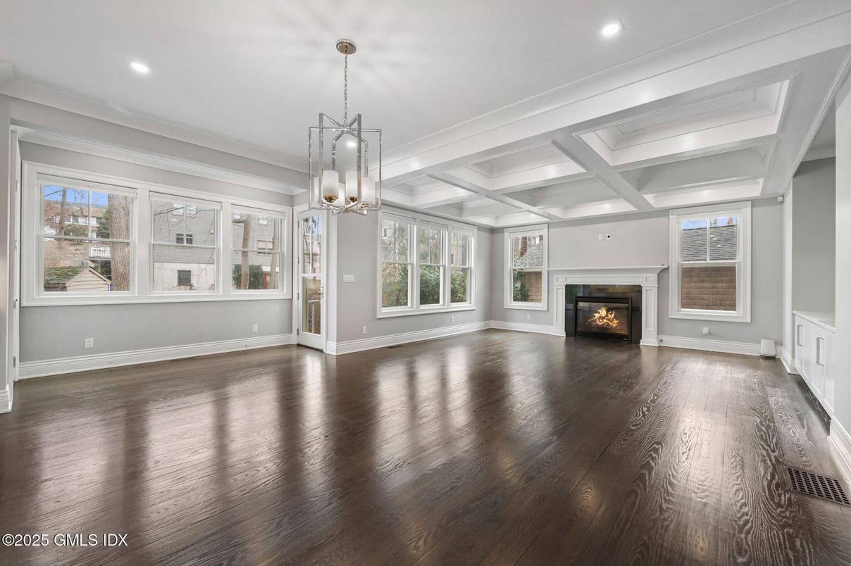 Empty room, Fireplace, Interior, Pendant Lights, Recessed Lighting, Wood Texture Flooring