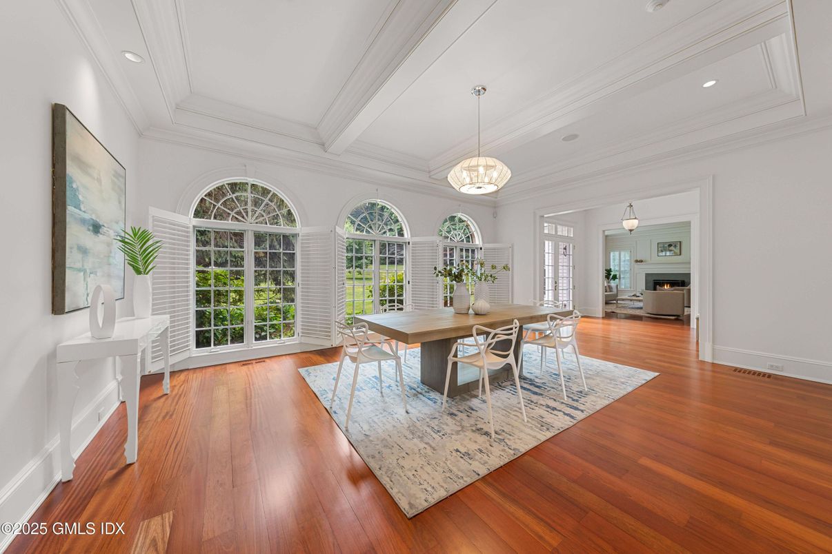 Dining room, Interior, Pendant Lights, Recessed Lighting, Wood Texture Flooring
