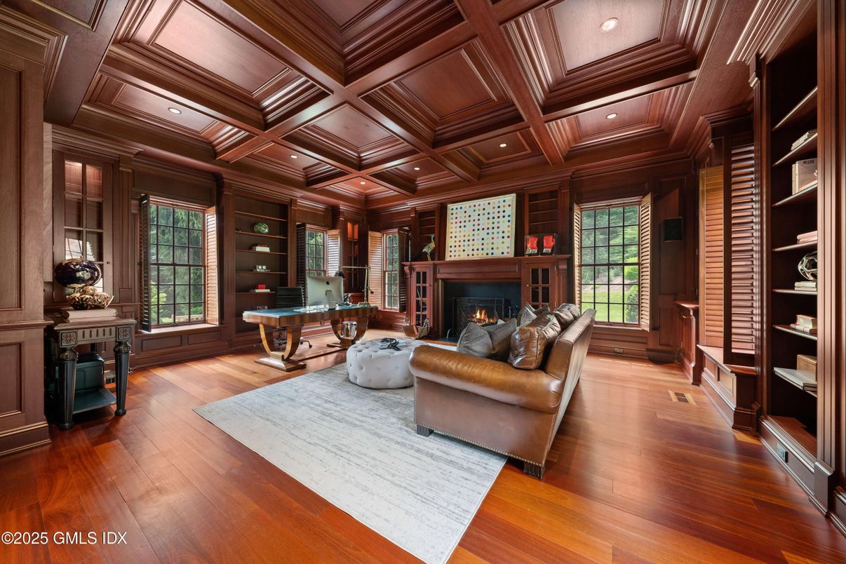 Fireplace, Home Office, Interior, Recessed Lighting, Wooden Beams, Wooden Ceilings, Wood Texture Flooring, Wooden Walls