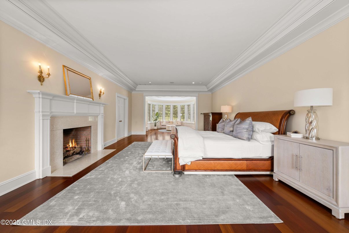 Bedroom, Fireplace, Interior, Recessed Lighting, Wood Texture Flooring