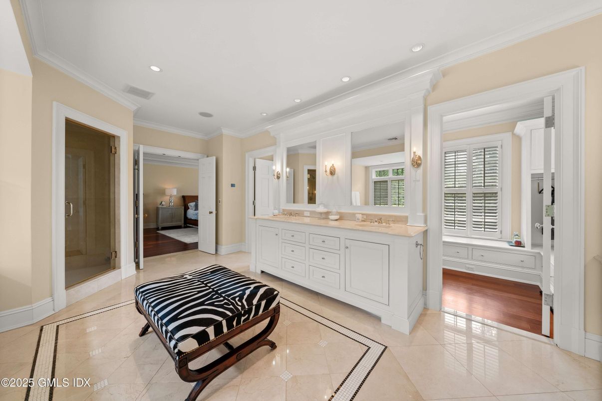Bathroom, Dual Sink Vanities, Glass Shower, Interior, Recessed Lighting, Wood Texture Flooring