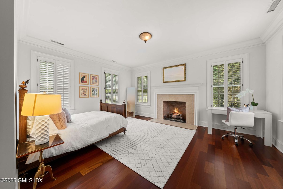 Bedroom, Fireplace, Home Office, Interior, Wood Texture Flooring