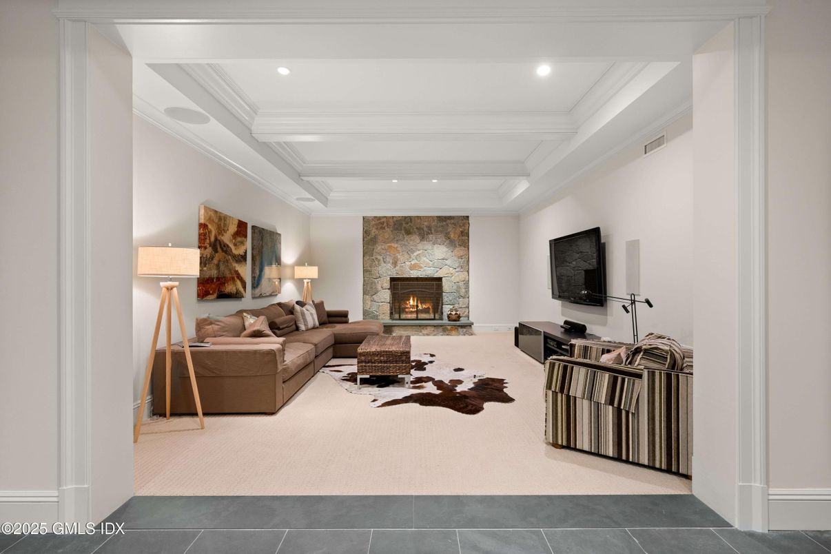 Fireplace, Interior, Living room, Recessed Lighting, Stone Walls