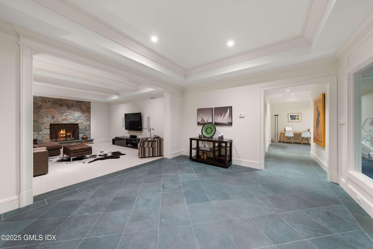 Fireplace, Interior, Living room, Recessed Lighting, Stone Walls
