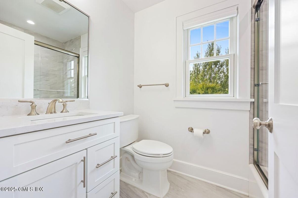 Bathroom, Glass Shower, Interior, Marble, Recessed Lighting, Wood Texture Flooring