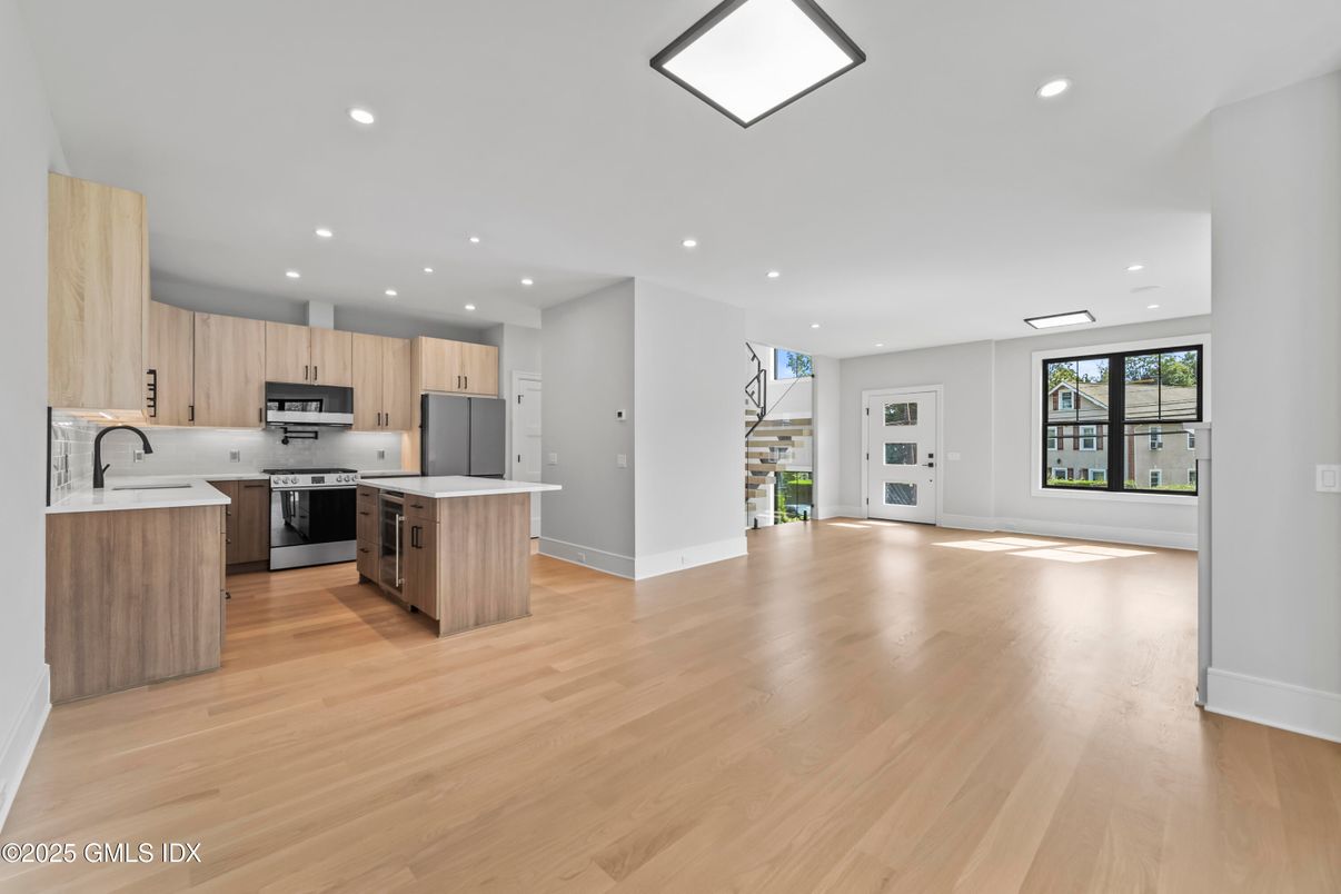 Interior, Kitchen, Recessed Lighting, Stainless Steel Appliances, Wood Texture Flooring