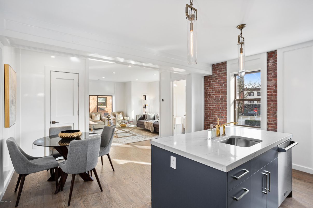 Dining room, Interior, Kitchen, Living room, Pendant Lights, Recessed Lighting, Stone Walls, Wood Texture Flooring