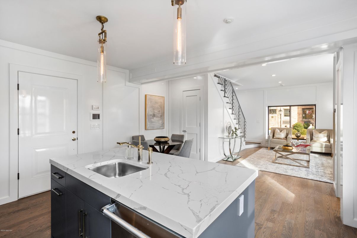 Dining room, Interior, Kitchen, Living room, Pendant Lights, Recessed Lighting, Wood Texture Flooring