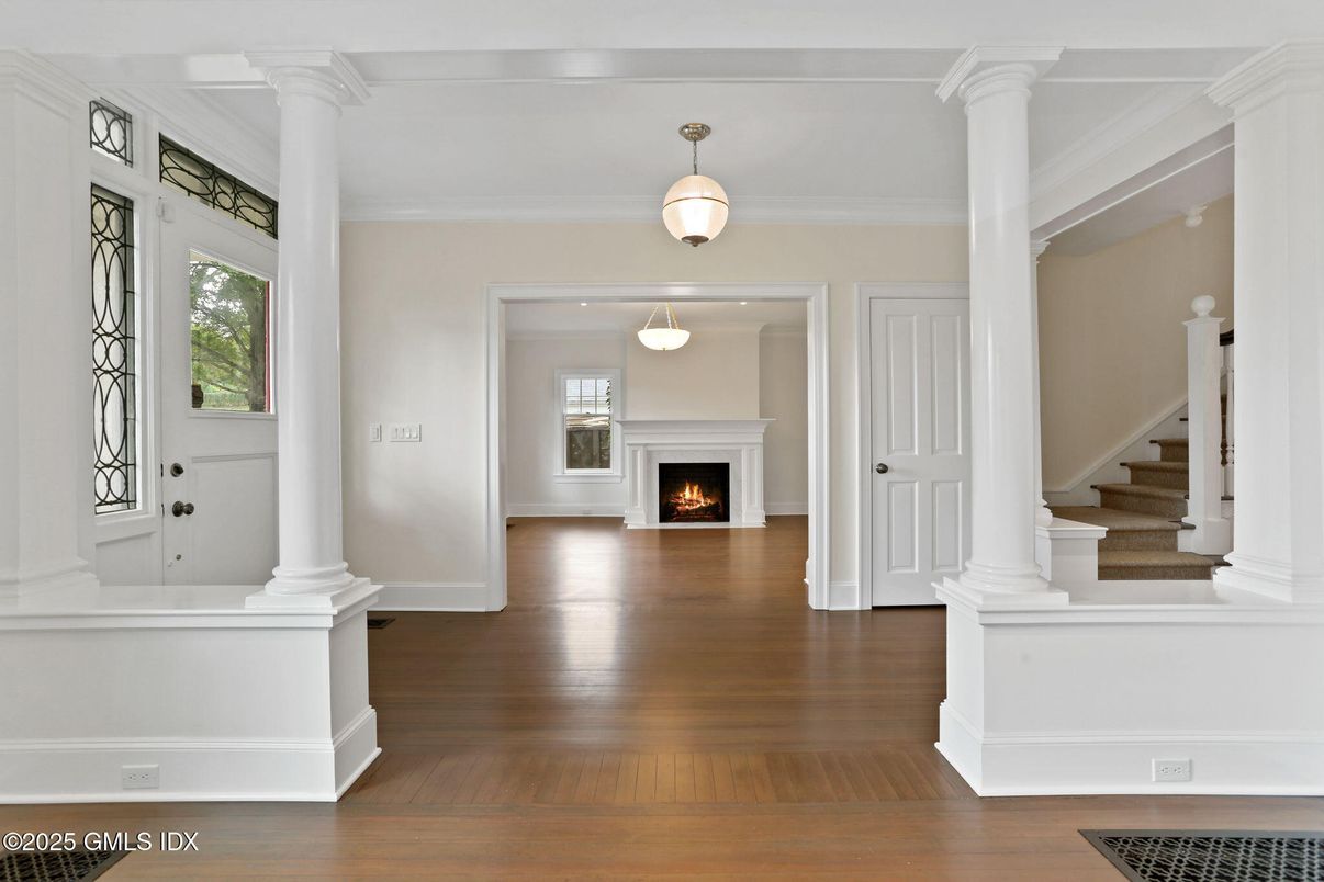 Fireplace, Interior, Pendant Lights, Wood Texture Flooring