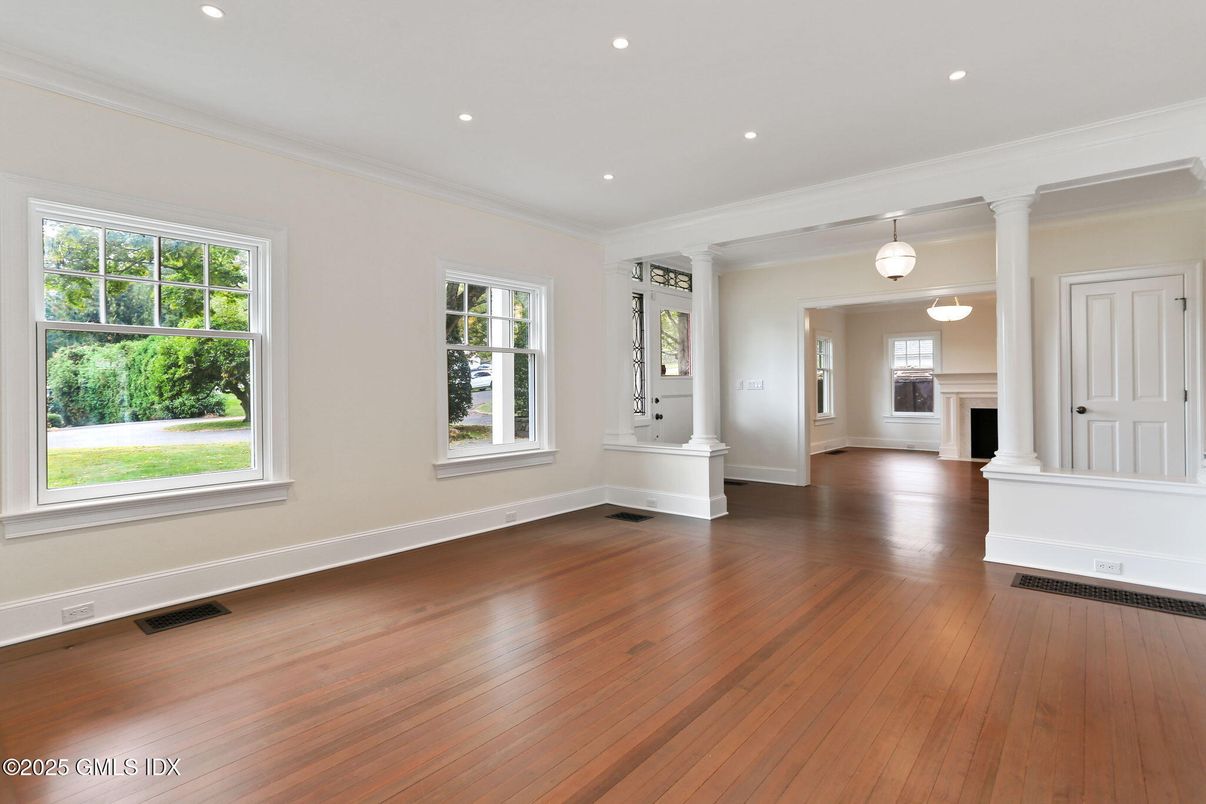 Empty room, Fireplace, Interior, Pendant Lights, Recessed Lighting, Wood Texture Flooring