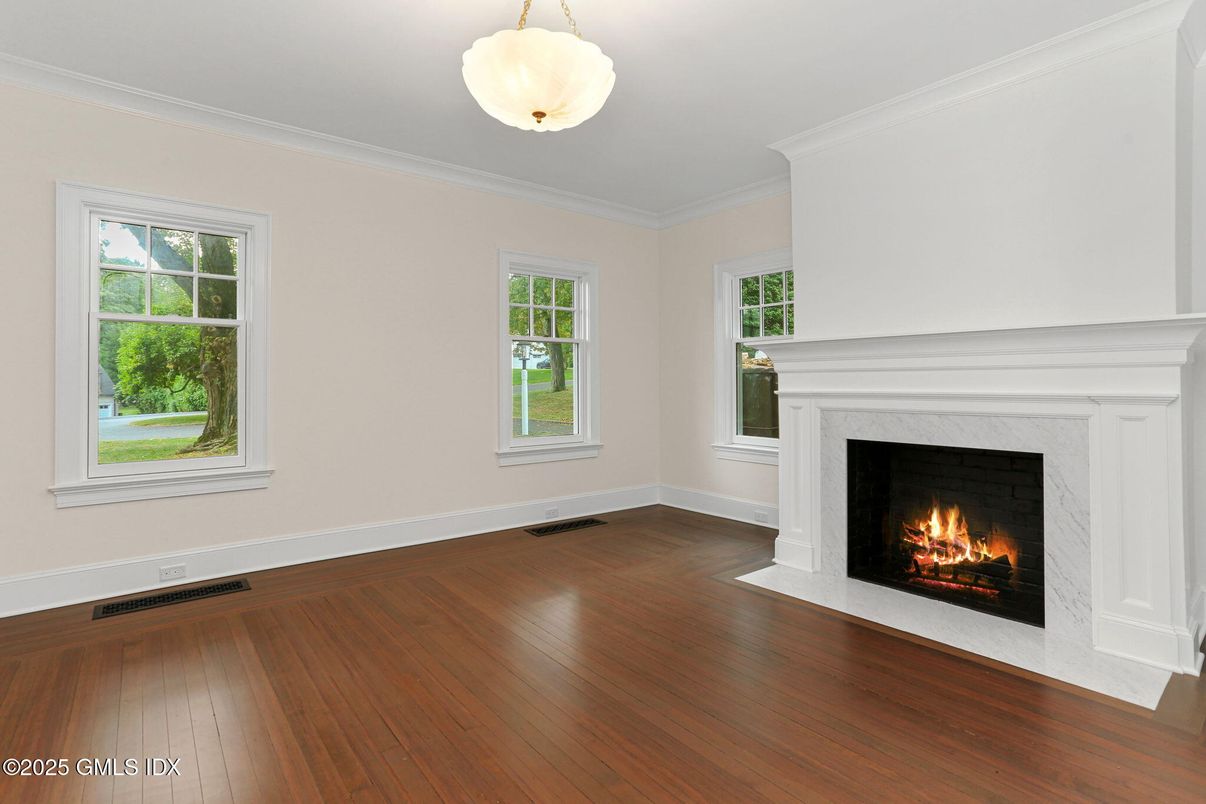 Empty room, Fireplace, Interior, Pendant Lights, Wood Texture Flooring
